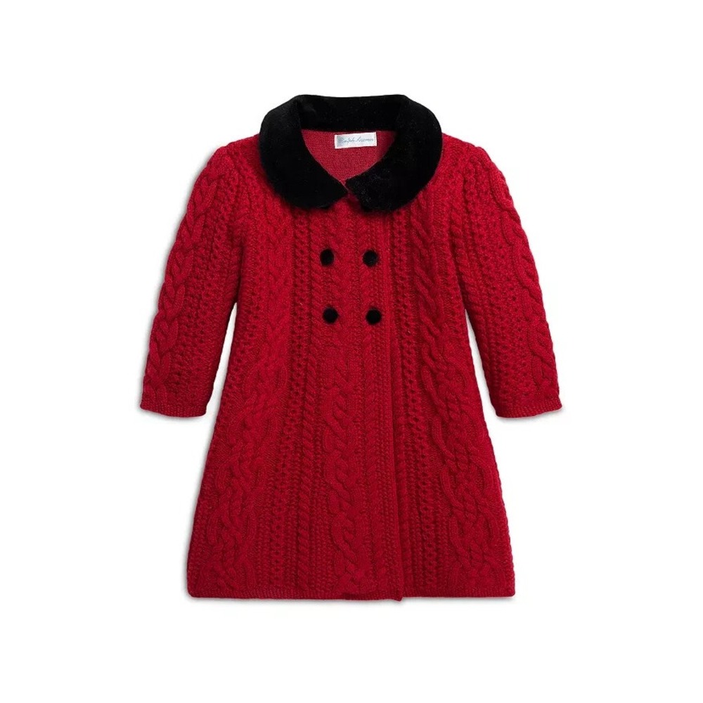 Ralph Lauren Baby Girls Aran-Knit Wool Sweater Coat Red Size 3 M / 6 M‎ NEW $325